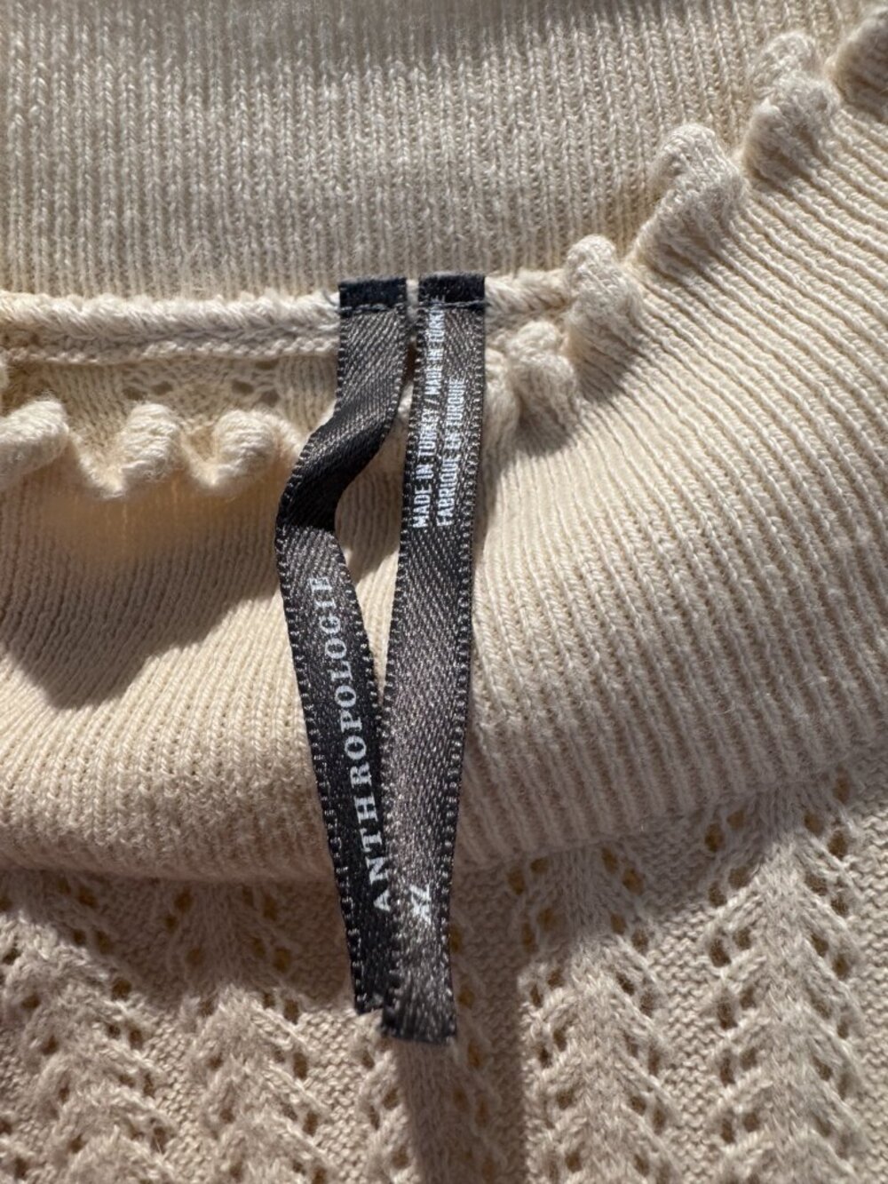 Anthropologie Mock-Neck Pointelle Ruffle-Trim Sweater Tee Ivory - Picture 2 of 5